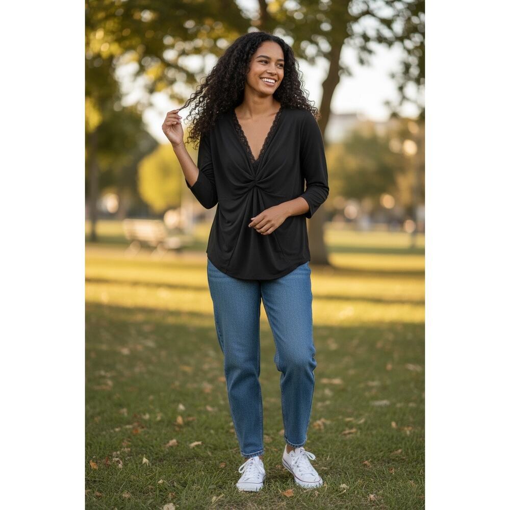 Versa Villes Black Draped Front Top 3/4 Sleeve Soft Stretch Blouse Woman 1X